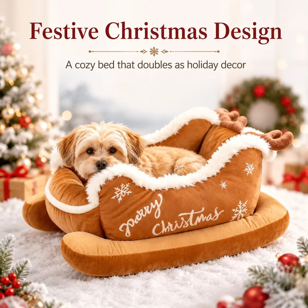 Christmas Sleigh-Shaped Pet Bed, Washable Waterproof Bite-Resistant Soft Plush Bed for Dog and Cat, Cozy Winter Holiday Sofa Bed, Christmas Gift