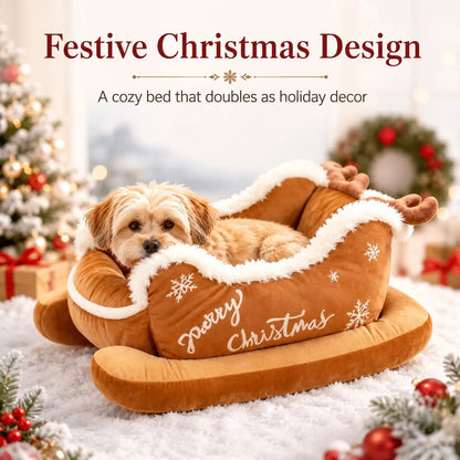 Christmas Sleigh-Shaped Pet Bed, Washable Waterproof Bite-Resistant Soft Plush Bed for Dog and Cat, Cozy Winter Holiday Sofa Bed, Christmas Gift