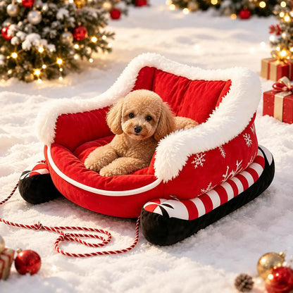 Christmas Sleigh-Shaped Pet Bed, Washable Waterproof Bite-Resistant Soft Plush Bed for Dog and Cat, Cozy Winter Holiday Sofa Bed, Christmas Gift