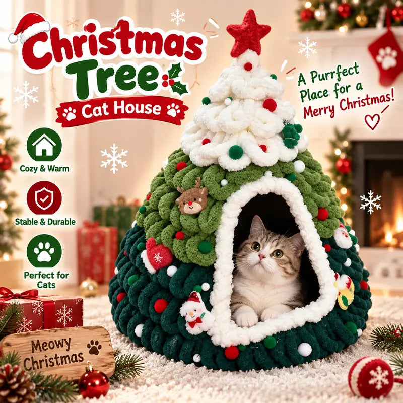 Christmas Cat Bed - Christmas Tree Cat Cave House with Cozy Enclosed Design, Festive Indoor Pet Bed for Cats & Small Pets, Holiday Room Decor