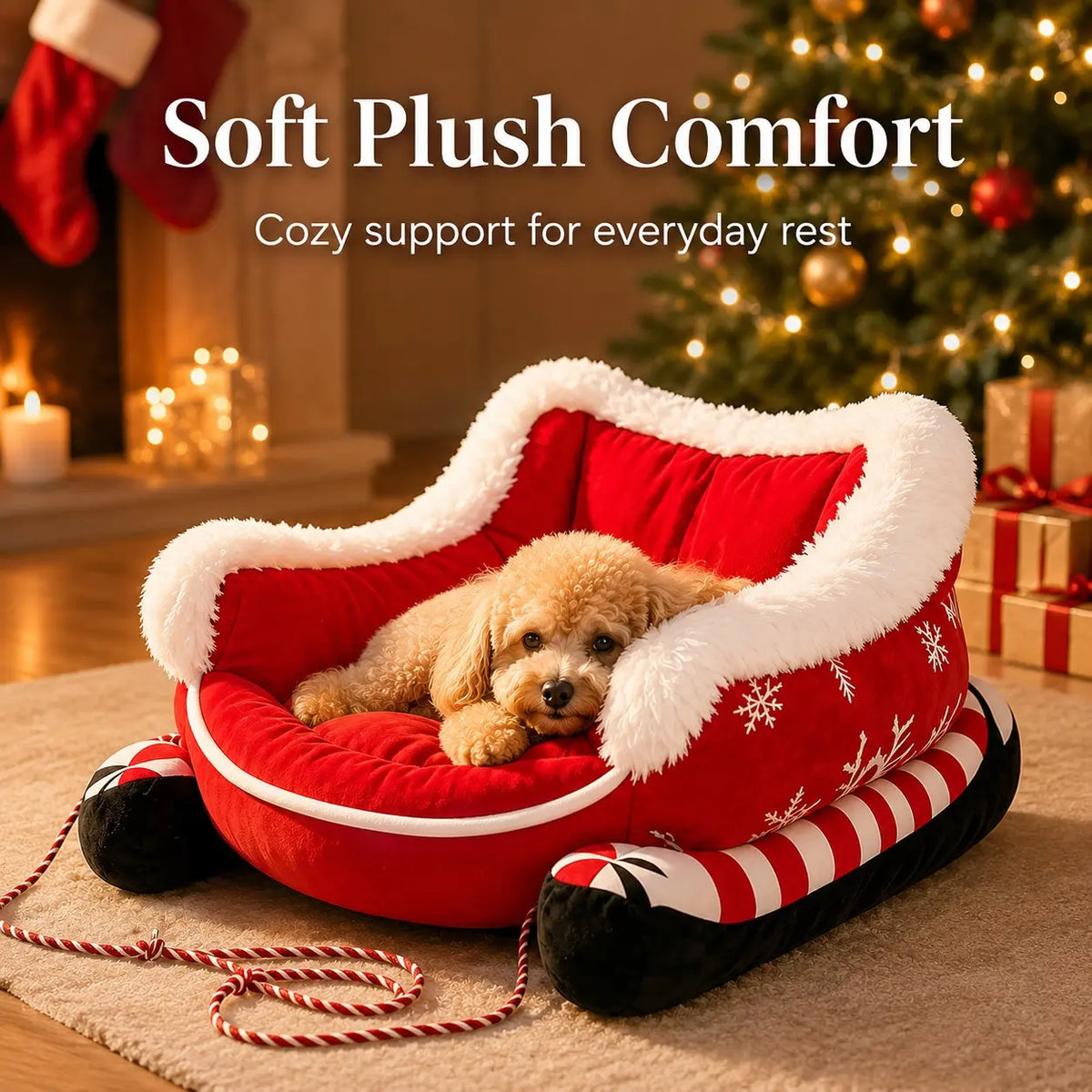 Christmas Sleigh-Shaped Pet Bed, Washable Waterproof Bite-Resistant Soft Plush Bed for Dog and Cat, Cozy Winter Holiday Sofa Bed, Christmas Gift
