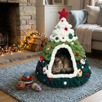 Christmas Cat Bed - Christmas Tree Cat Cave House with Cozy Enclosed Design, Festive Indoor Pet Bed for Cats & Small Pets, Holiday Room Decor