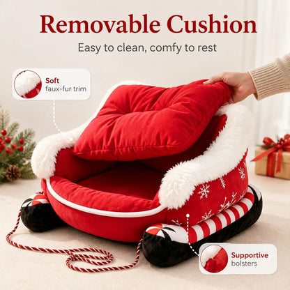 Christmas Sleigh-Shaped Pet Bed, Washable Waterproof Bite-Resistant Soft Plush Bed for Dog and Cat, Cozy Winter Holiday Sofa Bed, Christmas Gift