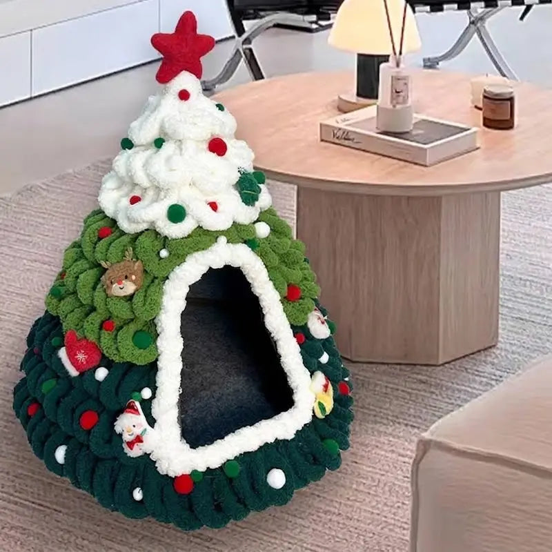 Christmas Cat Bed - Christmas Tree Cat Cave House with Cozy Enclosed Design, Festive Indoor Pet Bed for Cats & Small Pets, Holiday Room Decor